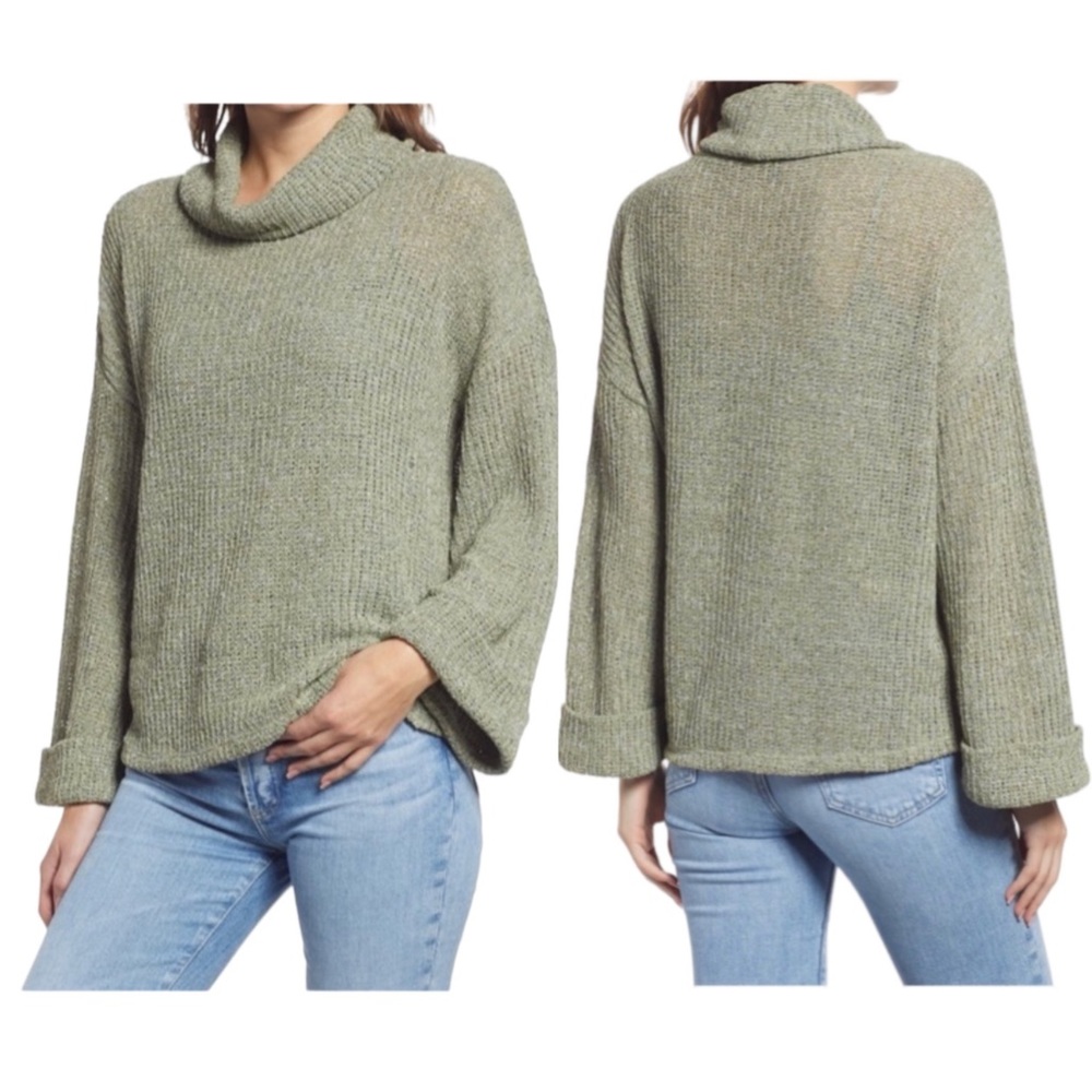 Gibsonlook Women Flare Sleeve Cowl Neck Sweater Olive Green Size M
